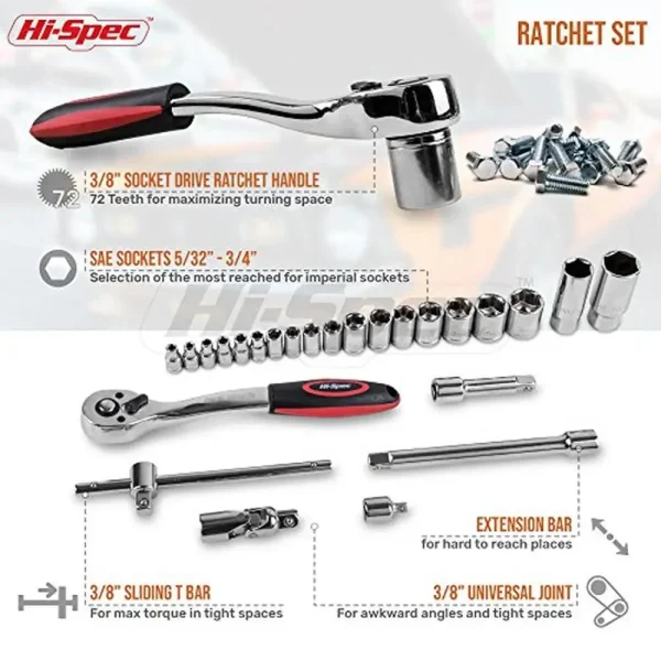 67pc SAE Mechanics Tool Kit Set Car Motorcycle RV Repairs Sockets Ratchet Wrench Extension Bars Precision Control Portable - Image 3